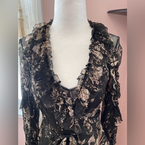 Zimmermann 100% Silk A-Line Black Printed Long Sleeve Ruffle Wrap Dress - Picture 2 of 10